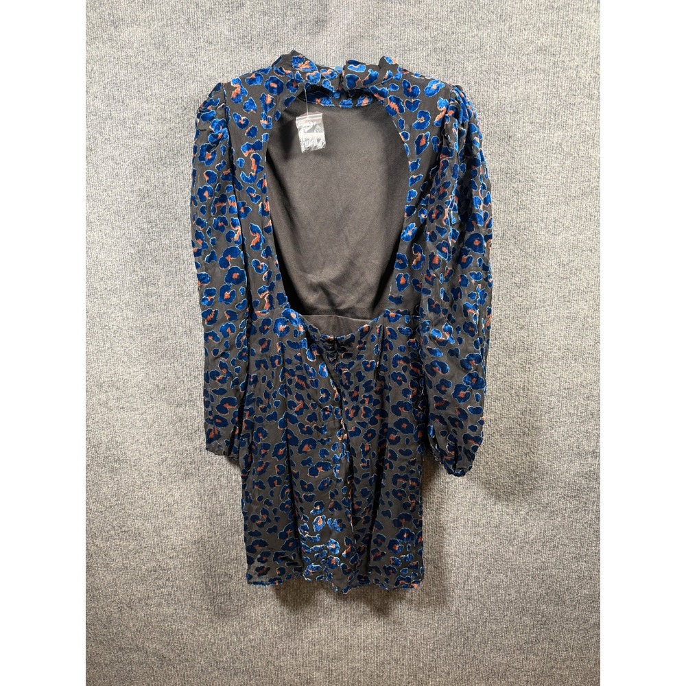 Leopard Cheetah Print Black Blue Open Back Mini Dress Mob High Neck Womens Small